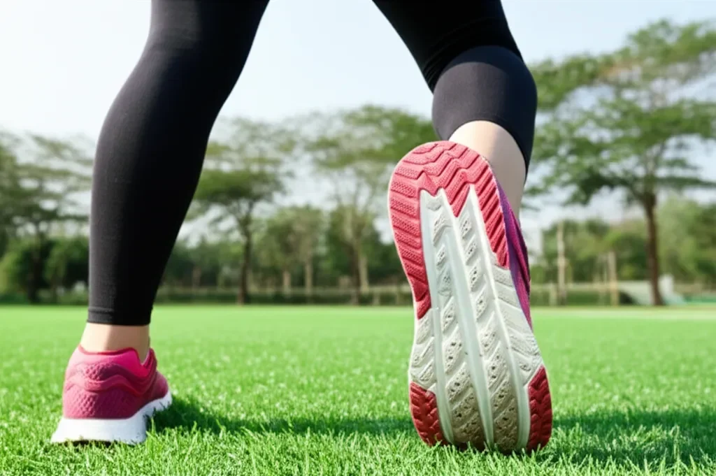 Sepatu olahraga warna pink di atas rumput hijau, simbol memulai gaya hidup sehat.