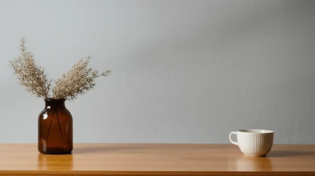 Vas bunga cokelat dan cangkir putih di atas meja kayu, latar belakang abu-abu.