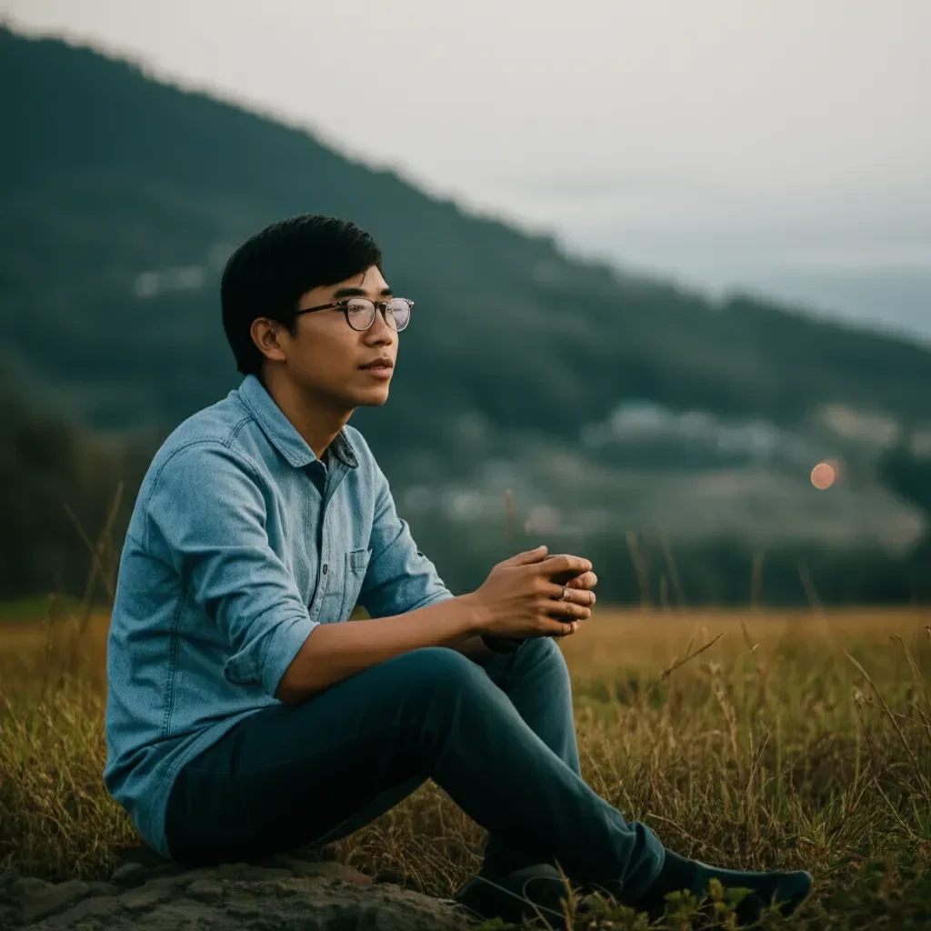 Seorang pria duduk di padang rumput, tampak tenang dengan latar belakang gunung.