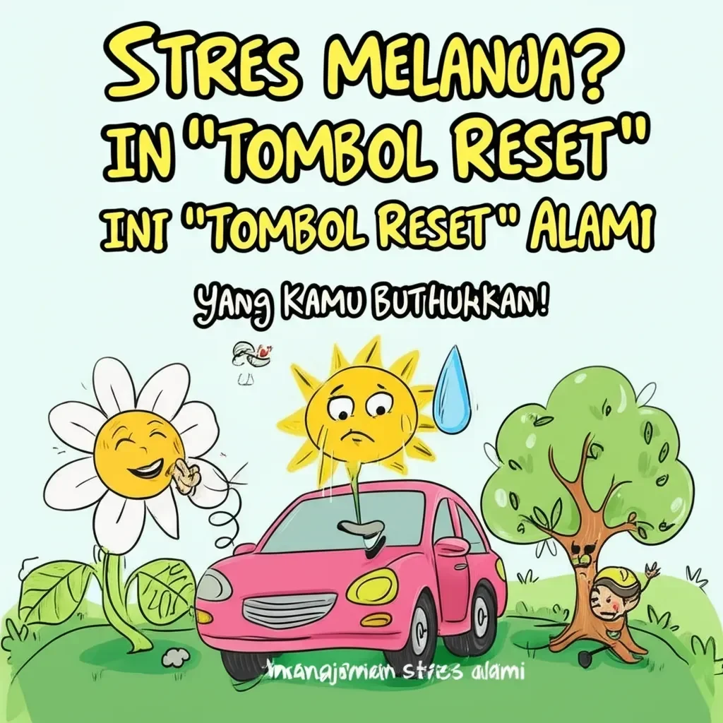 Ilustrasi kartun: bunga tersenyum, matahari sedih di mobil, anak bahagia di pohon.