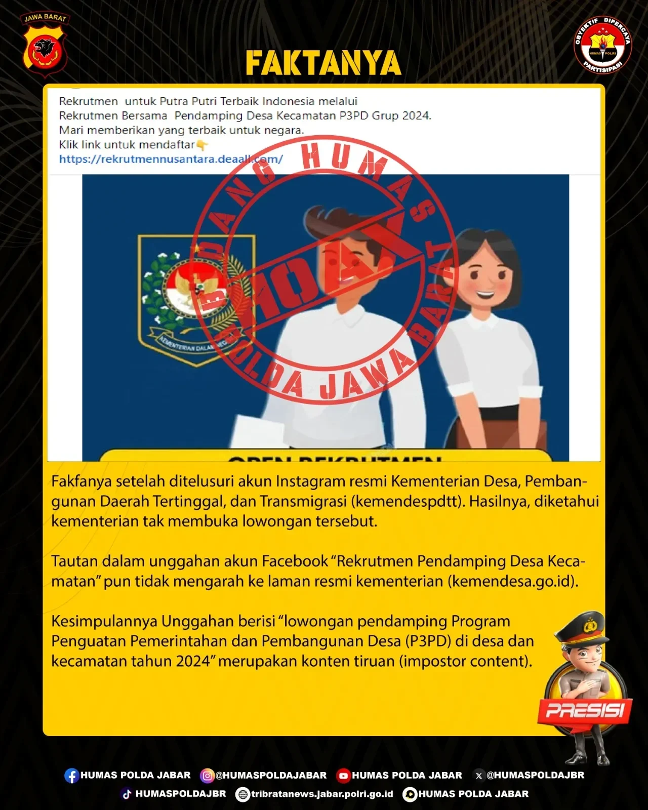 Tangkapan layar unggahan Facebook lowongan pendamping desa, diberi stempel "HOAX".