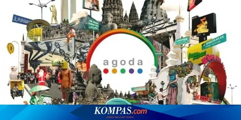 Logo Agoda dikelilingi kolase ikon pariwisata Indonesia dan elemen kota.