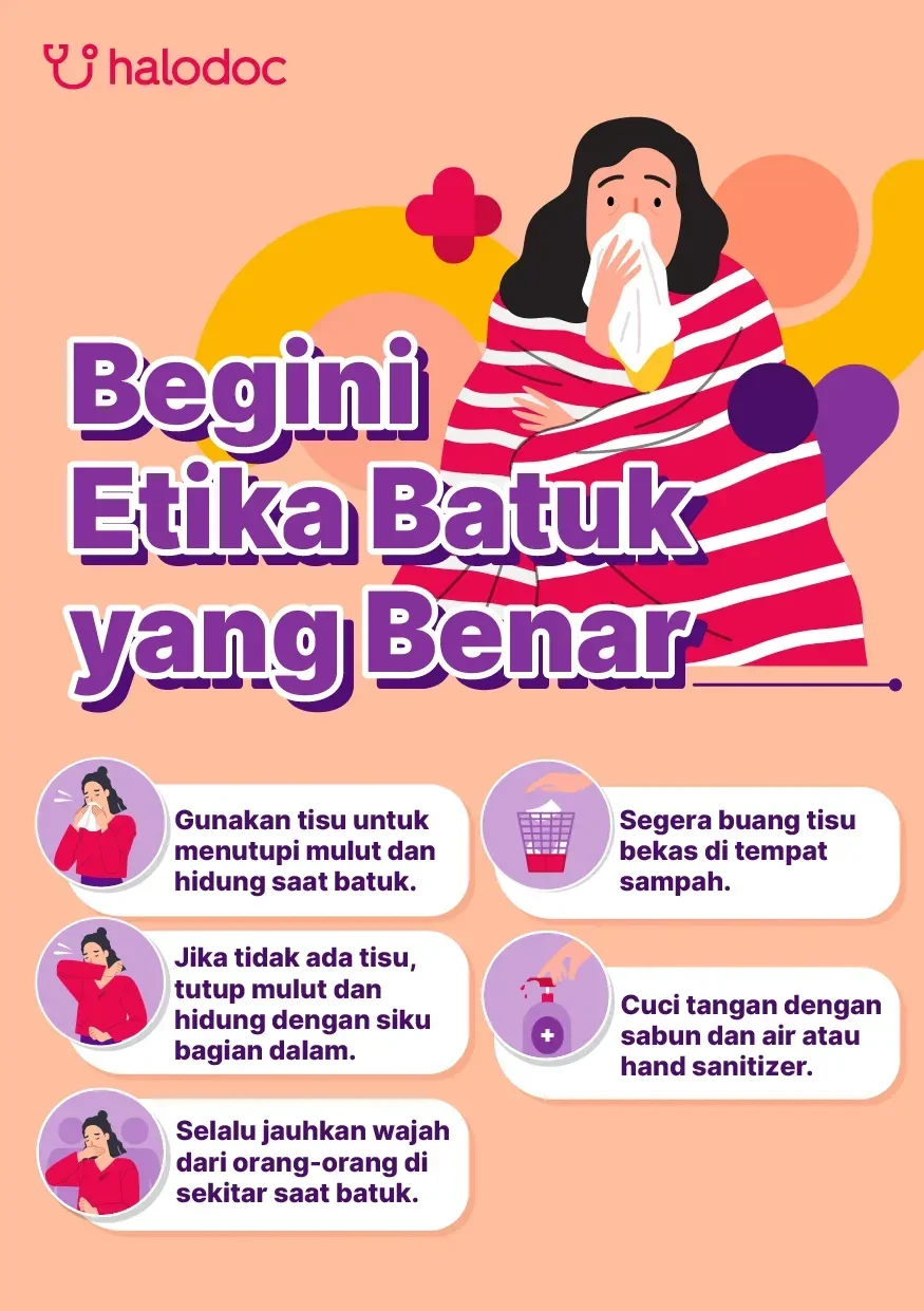 Panduan etika batuk yang benar, termasuk penggunaan tisu dan cuci tangan.