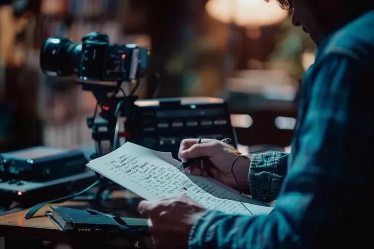 Seseorang sedang menulis di kertas, dikelilingi peralatan produksi video.