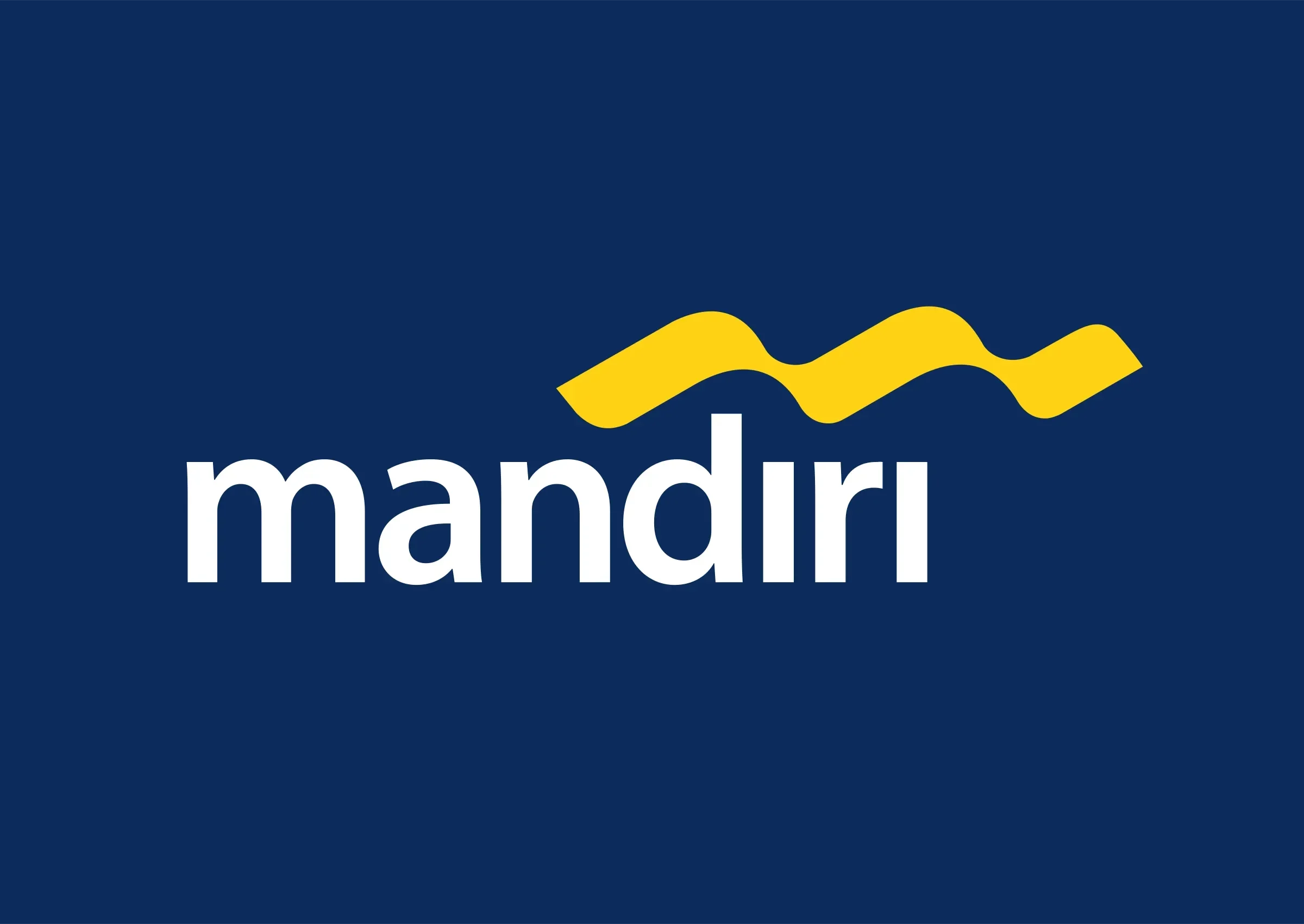 Logo Bank Mandiri dengan tulisan putih dan simbol gelombang kuning di atas latar biru gelap.