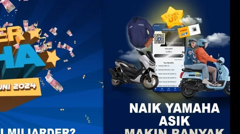 Grafis promosi Yamaha menampilkan motor, uang berhamburan, dan orang naik skutik. Menjanjikan hadiah miliaran.