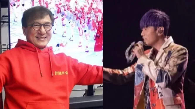 Aktor Jackie Chan tersenyum di sebelah anggota SEVENTEEN yang sedang bernyanyi di konser.