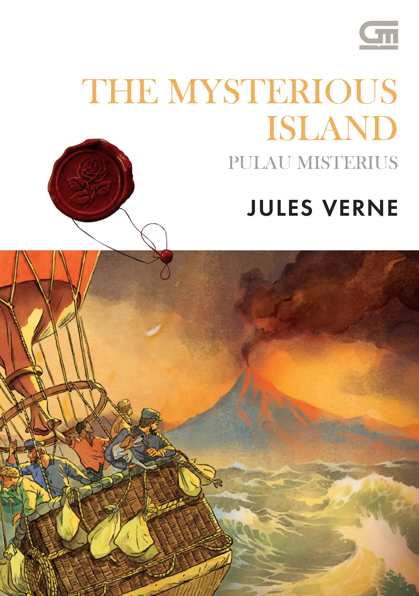 Sampul buku "Pulau Misterius" Jules Verne dengan ilustrasi balon udara dan gunung berapi.
