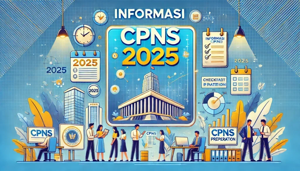 Ilustrasi CPNS 2025 dengan gedung pemerintahan dan orang-orang yang sedang bersiap.