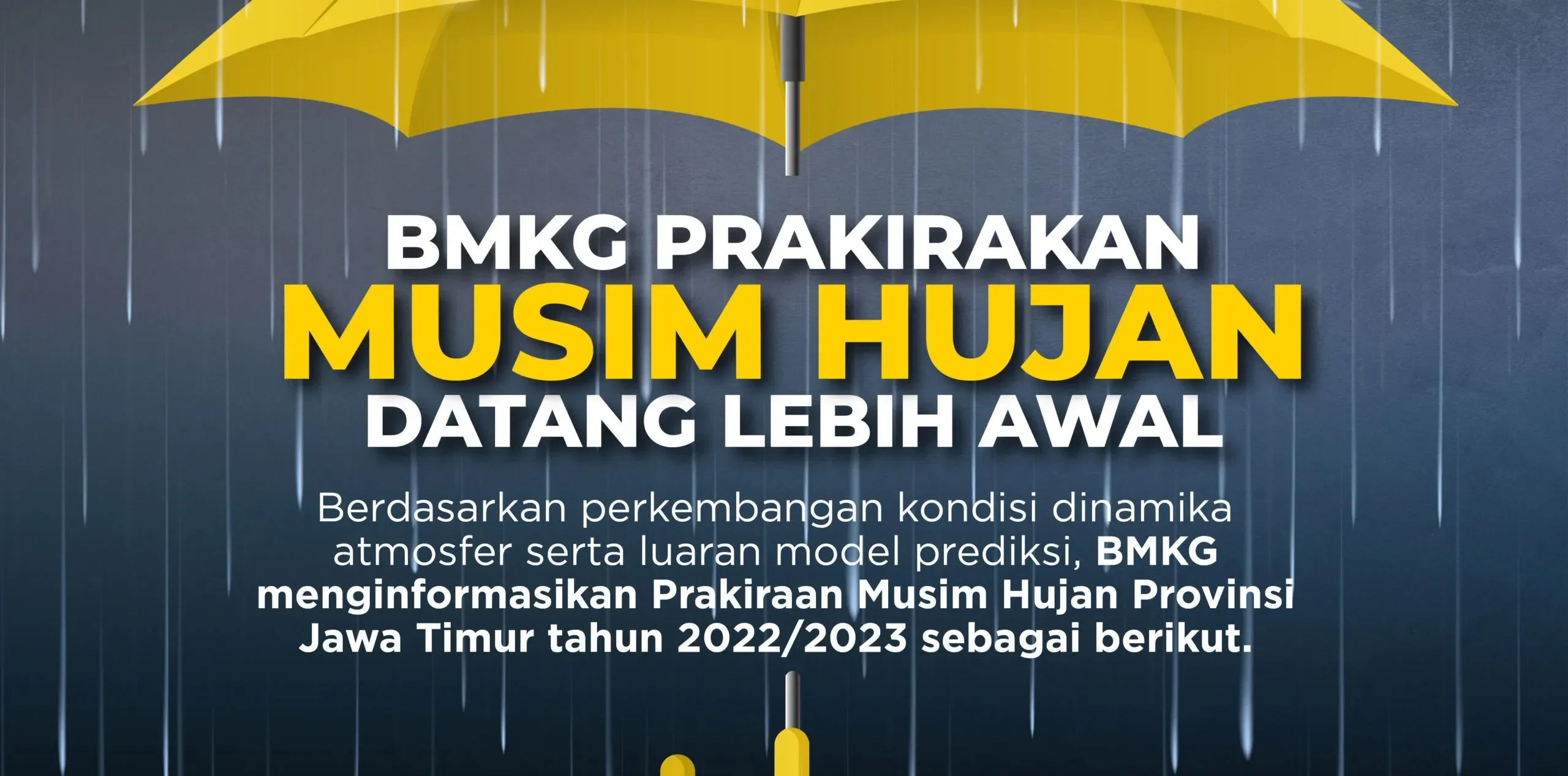 Grafik BMKG prakirakan musim hujan datang lebih awal, payung kuning di tengah hujan.