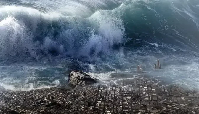 Gelombang tsunami besar menerjang kota, menimbulkan ancaman kehancuran.