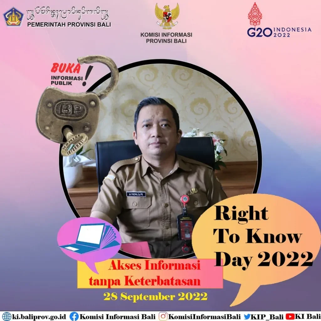 Poster Komisi Informasi Bali memperingati Hari Hak untuk Tahu Sedunia 2022 dengan pejabat dan gembok terbuka.