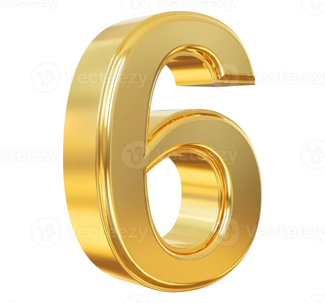 Angka 6 berwarna emas mengkilap dalam visual 3D.