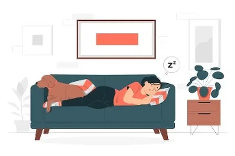 Ilustrasi seorang wanita dan anjingnya tertidur lelap di sofa, menandakan kelelahan.