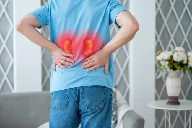 Pria memegang punggung bawah dengan ilustrasi ginjal merah, menandakan nyeri atau masalah ginjal.