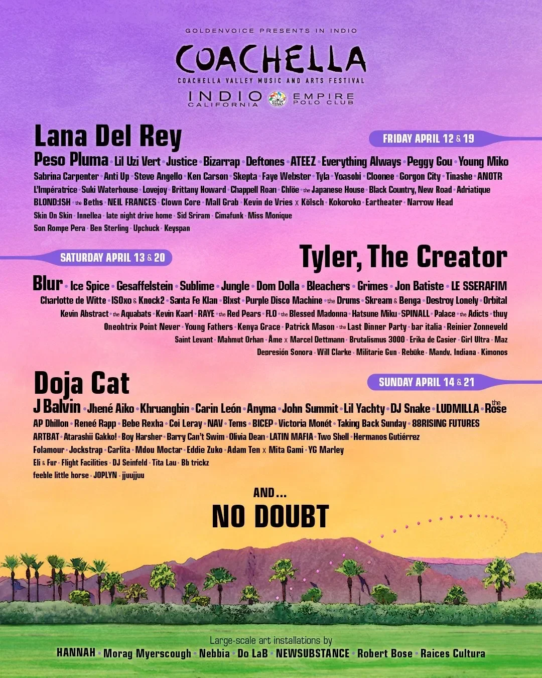 Poster line-up Coachella 2026 menampilkan Lana Del Rey, Tyler The Creator, Doja Cat, dan No Doubt.