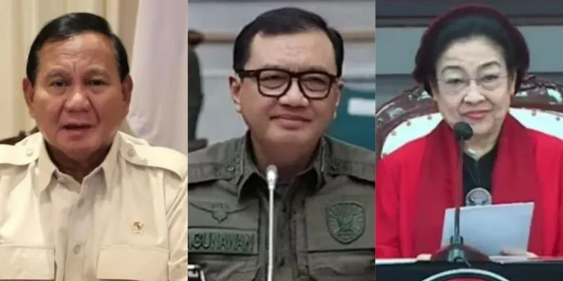 Prabowo Subianto, Gunawan, dan Megawati dalam kolase berita politik reshuffle kabinet.