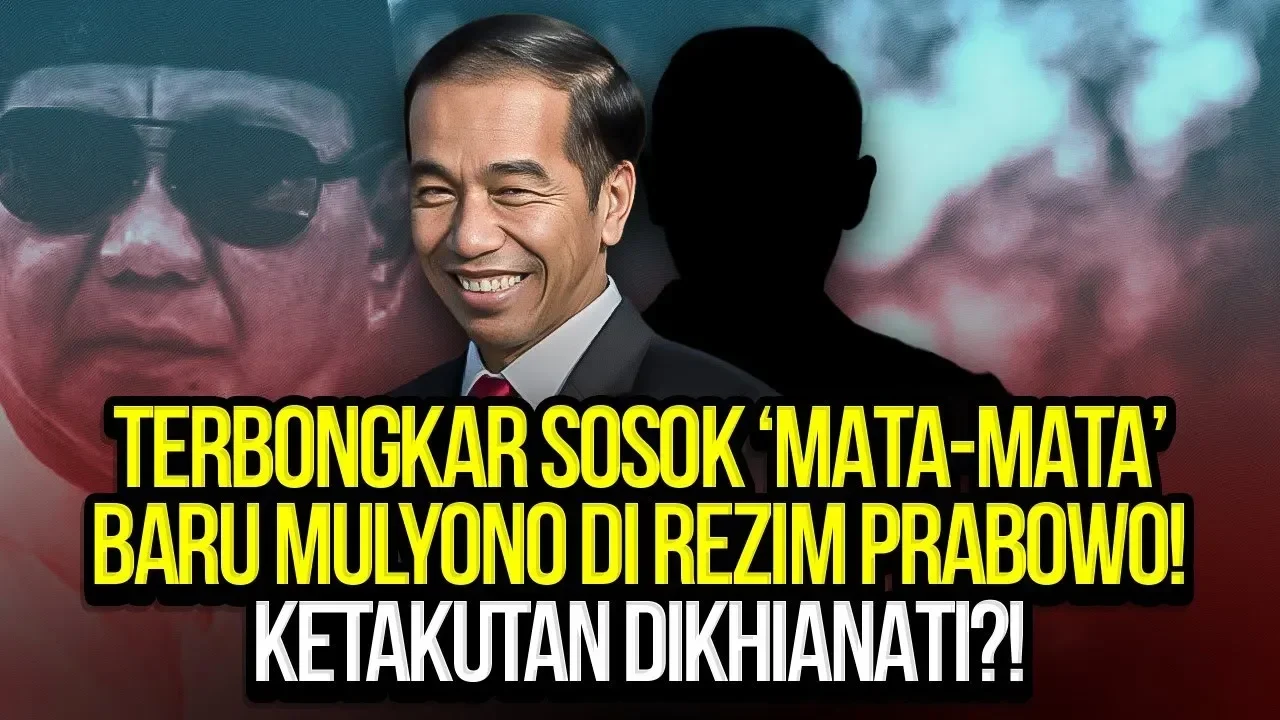Jokowi dan siluet sosok misterius, dengan teks "Terbongkar Sosok 'Mata-mata' Baru Mulyono".