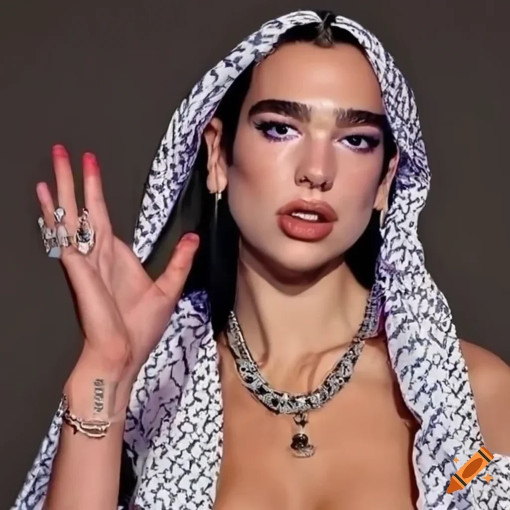Dua Lipa dengan penutup kepala bermotif, kalung, dan cincin, isu Palestina.
