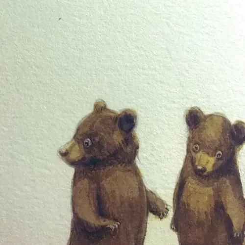 Ilustrasi dua anak beruang coklat kecil tampak termenung atau bersedih.