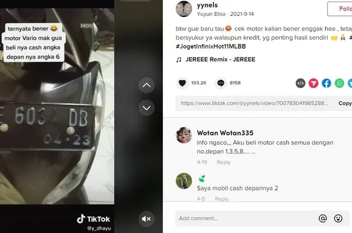 Tampilan layar ponsel menampilkan video TikTok tentang pembelian motor tunai.