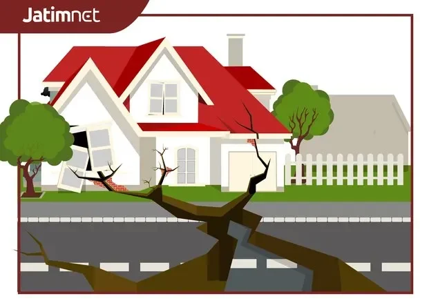 Ilustrasi rumah rusak akibat gempa bumi, retakan besar di jalan.