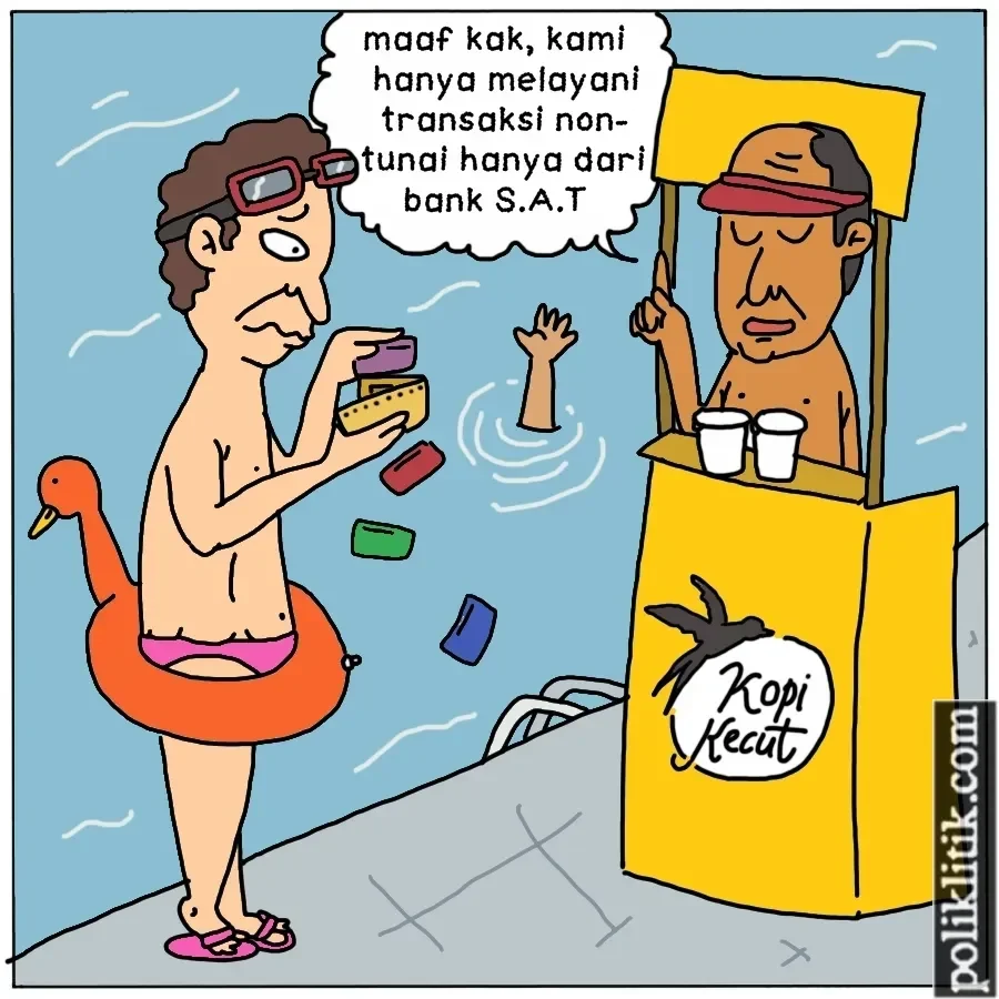Ilustrasi kartun: seseorang tenggelam ditolak transaksi non tunai oleh penjual kopi.
