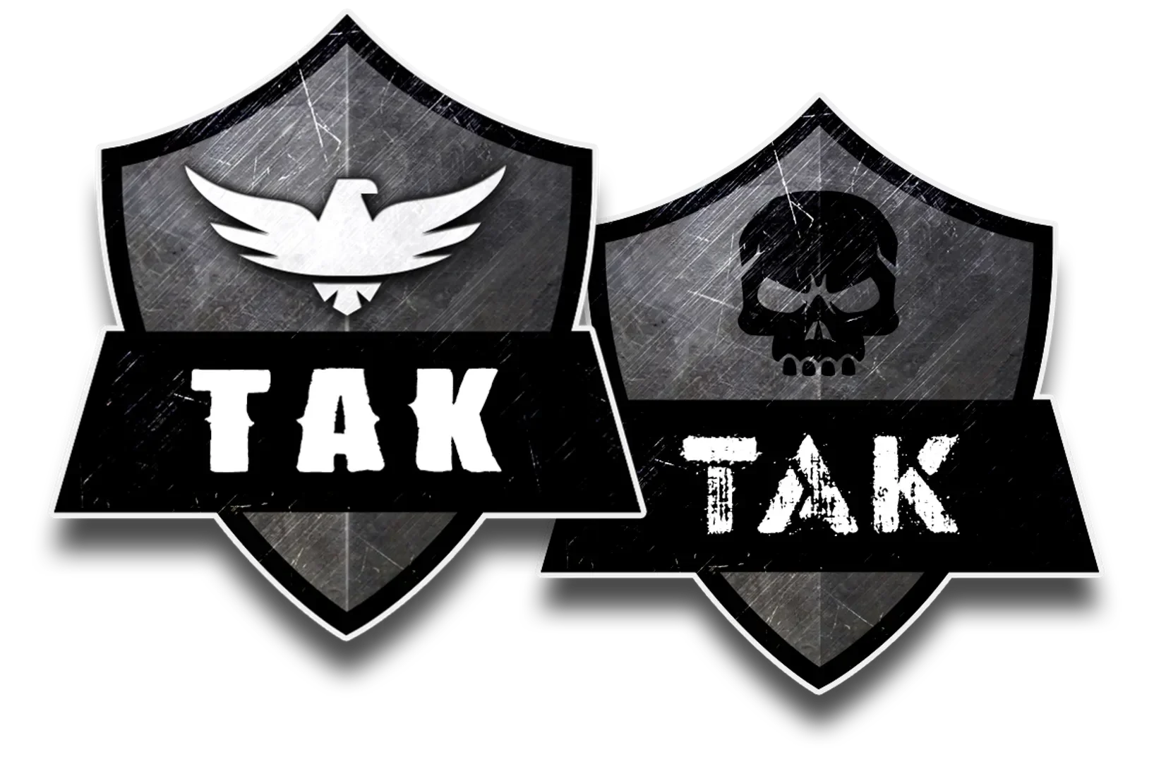 Logo "TAK" dengan simbol elang dan tengkorak, berlatar belakang metalik grunge.