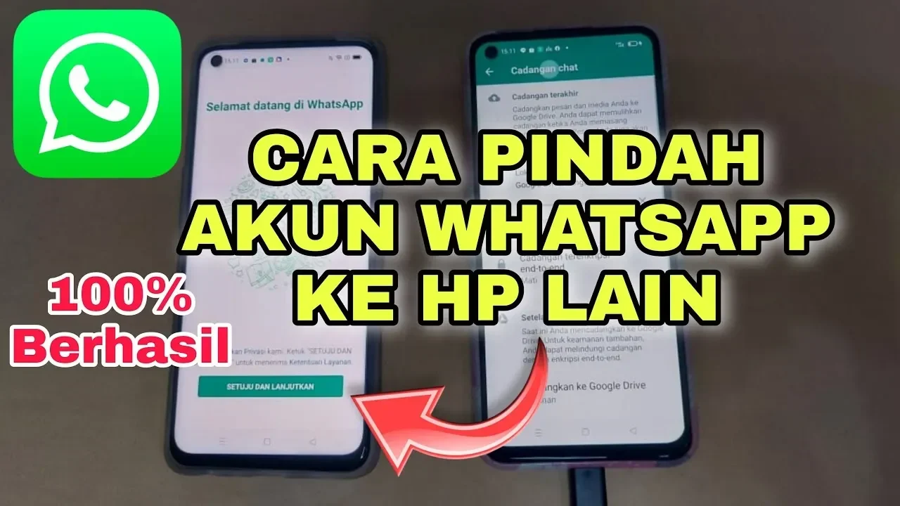 Logo WhatsApp dan tampilan layar ponsel untuk migrasi akun WhatsApp ke perangkat lain.