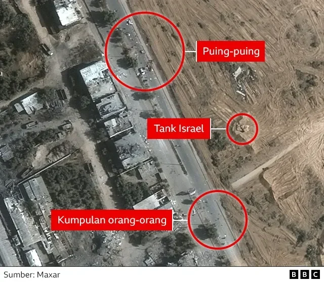 Puing-puing bangunan, tank Israel, dan kumpulan warga di Gaza.