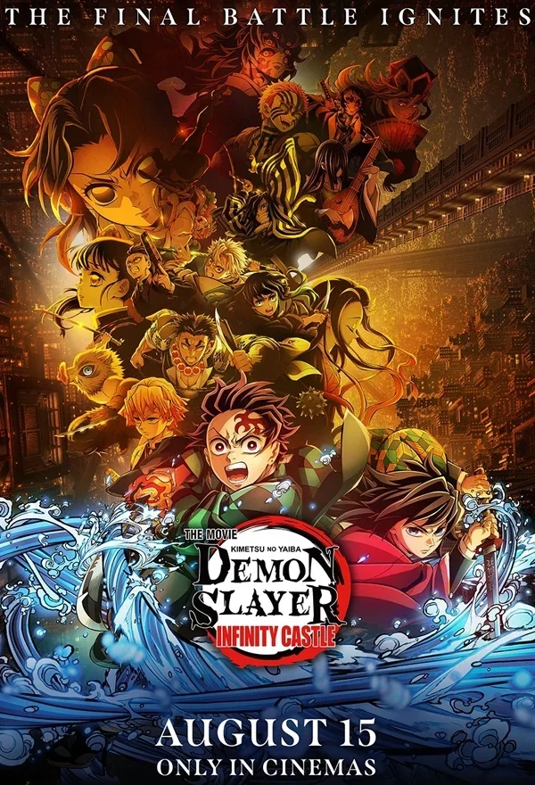 Poster film Demon Slayer: Infinity Castle dengan tokoh utama dan latar kota futuristik.