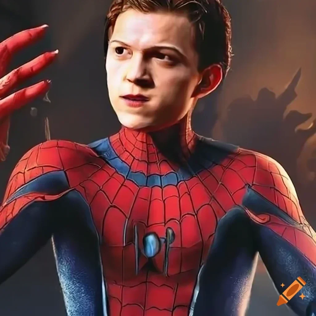 Tom Holland mengenakan kostum Spider-Man, menampilkan wajahnya yang fokus dengan tangan terangkat.