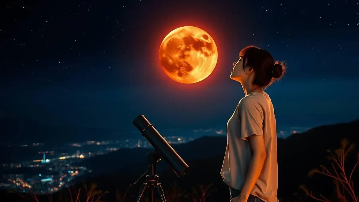 Wanita mengamati gerhana matahari sebagian dengan teleskop di malam hari.