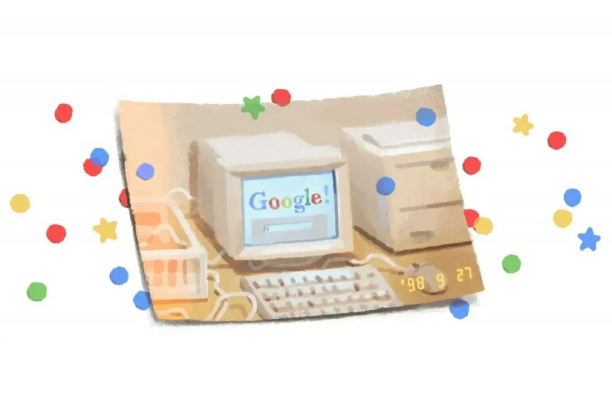 Google Doodle ulang tahun ke-27 menampilkan komputer kuno dengan logo Google era awal.