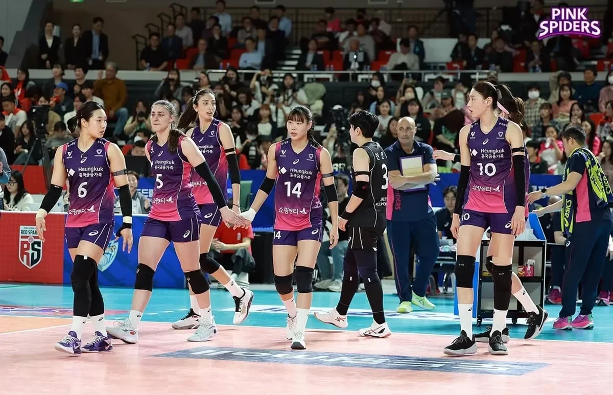 Pemain voli wanita berjersey ungu dan merah muda berdiri di lapangan, berlatar penonton.