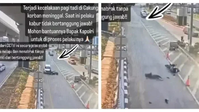 Rekaman CCTV kecelakaan lalu lintas di Jakarta Utara dengan motor tergeletak dan mobil pelaku kabur.