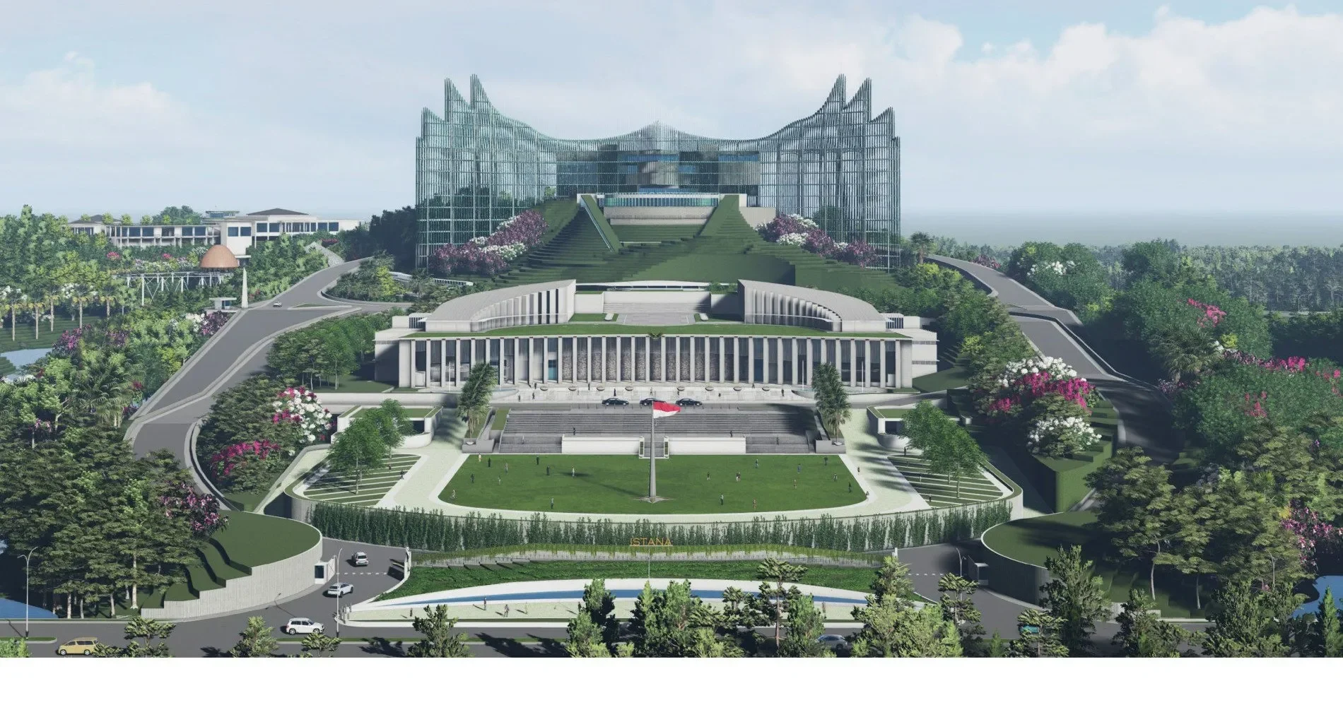 Visualisasi Istana Kepresidenan di IKN Nusantara, Kalimantan Timur.