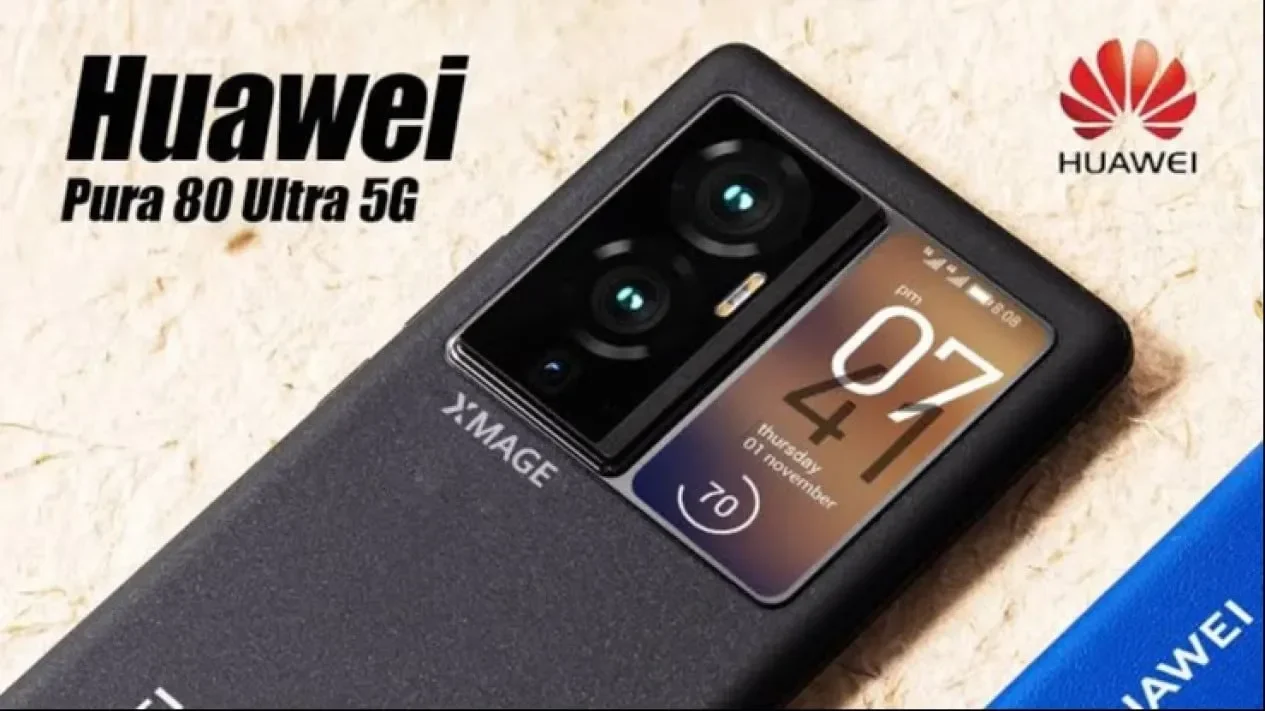 Huawei Pura 80 Ultra 5G dengan sistem kamera Xmage dan layar sekunder.