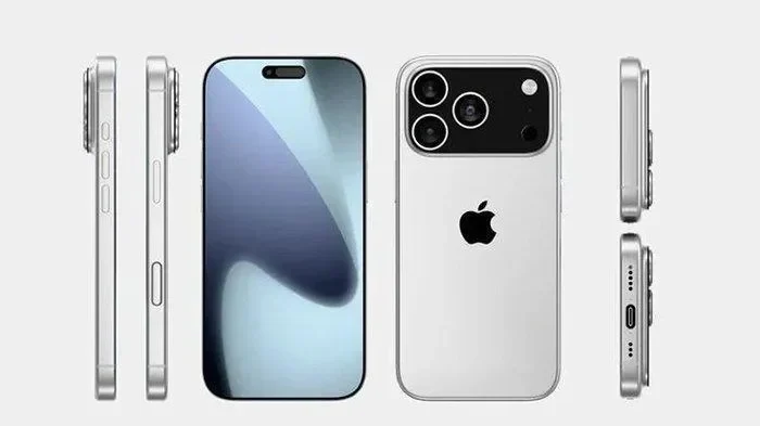 Tampilan depan, samping, dan belakang iPhone 17 terbaru dengan tiga kamera belakang.