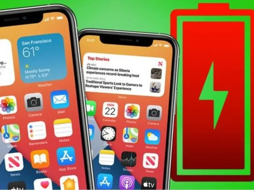 Dua iPhone dan ikon baterai merah-hijau menunjukkan masalah baterai boros setelah update iOS.