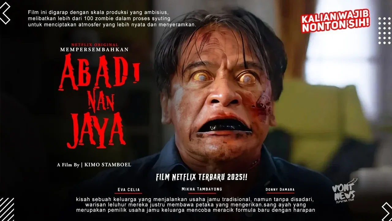 Jamu Maut Pemicu Kiamat! Abadi Nan Jaya: Film Zombi Indonesia Paling Dinanti, Siap Guncang Netflix! 1 Poster film Abadi Nan Jaya menampilkan pria berwajah zombi mengerikan dengan mata kuning dan mulut menghitam.