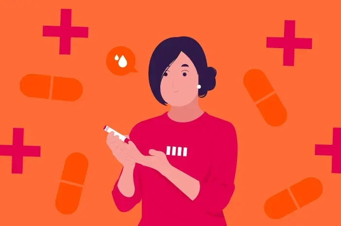 Ilustrasi wanita memeriksa kadar gula darah dengan latar belakang simbol kesehatan.