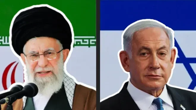 Potret pemimpin Iran Ali Khamenei dan PM Israel Benjamin Netanyahu, simbol konflik Gaza.