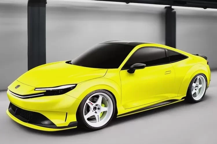 Honda Prelude Hybrid 2025 kuning dengan atap hitam dan velg putih.