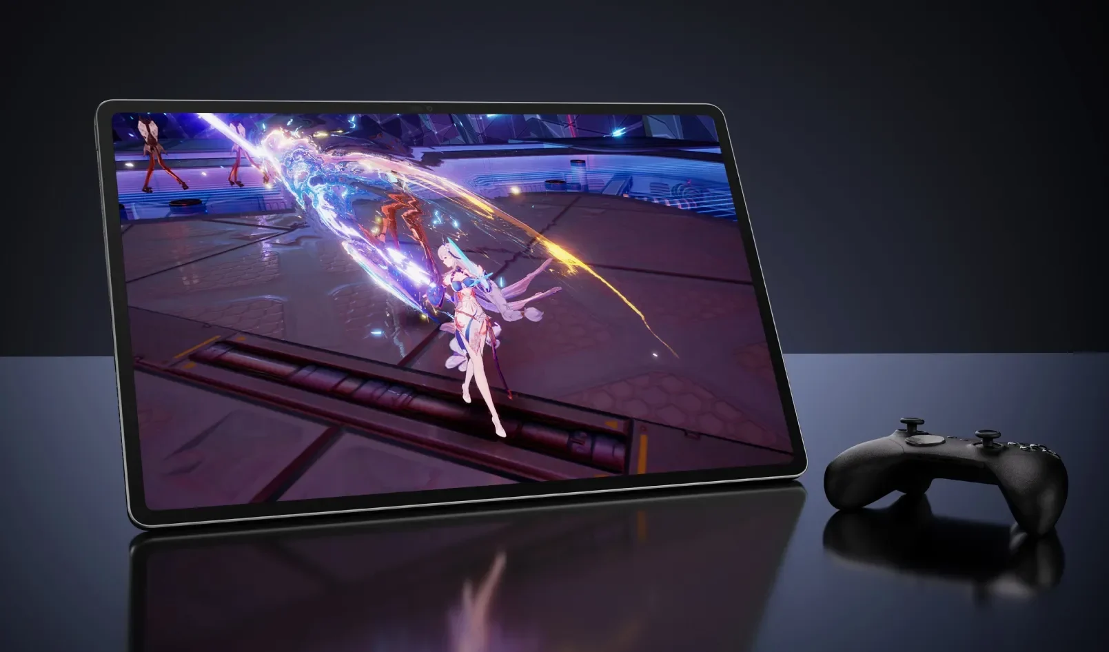 Tablet Lenovo Legion menampilkan game grafis tinggi dan kontroler gaming.