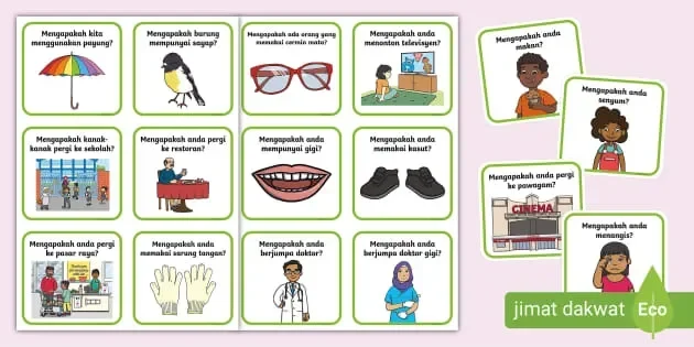 Koleksi kartu edukasi bergambar dengan pertanyaan "Mengapa?" tentang aktivitas dan objek sehari-hari.