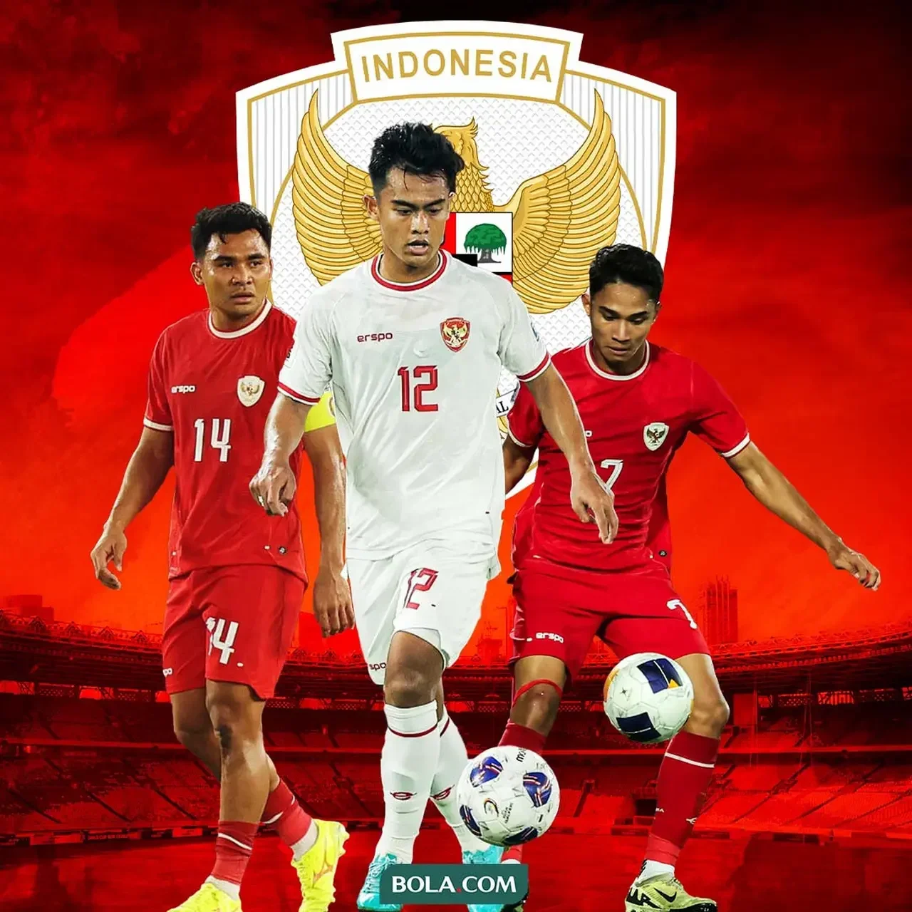 Asnawi Mangkualam dan Pratama Arhan berjersey Timnas Indonesia dengan latar logo Garuda.