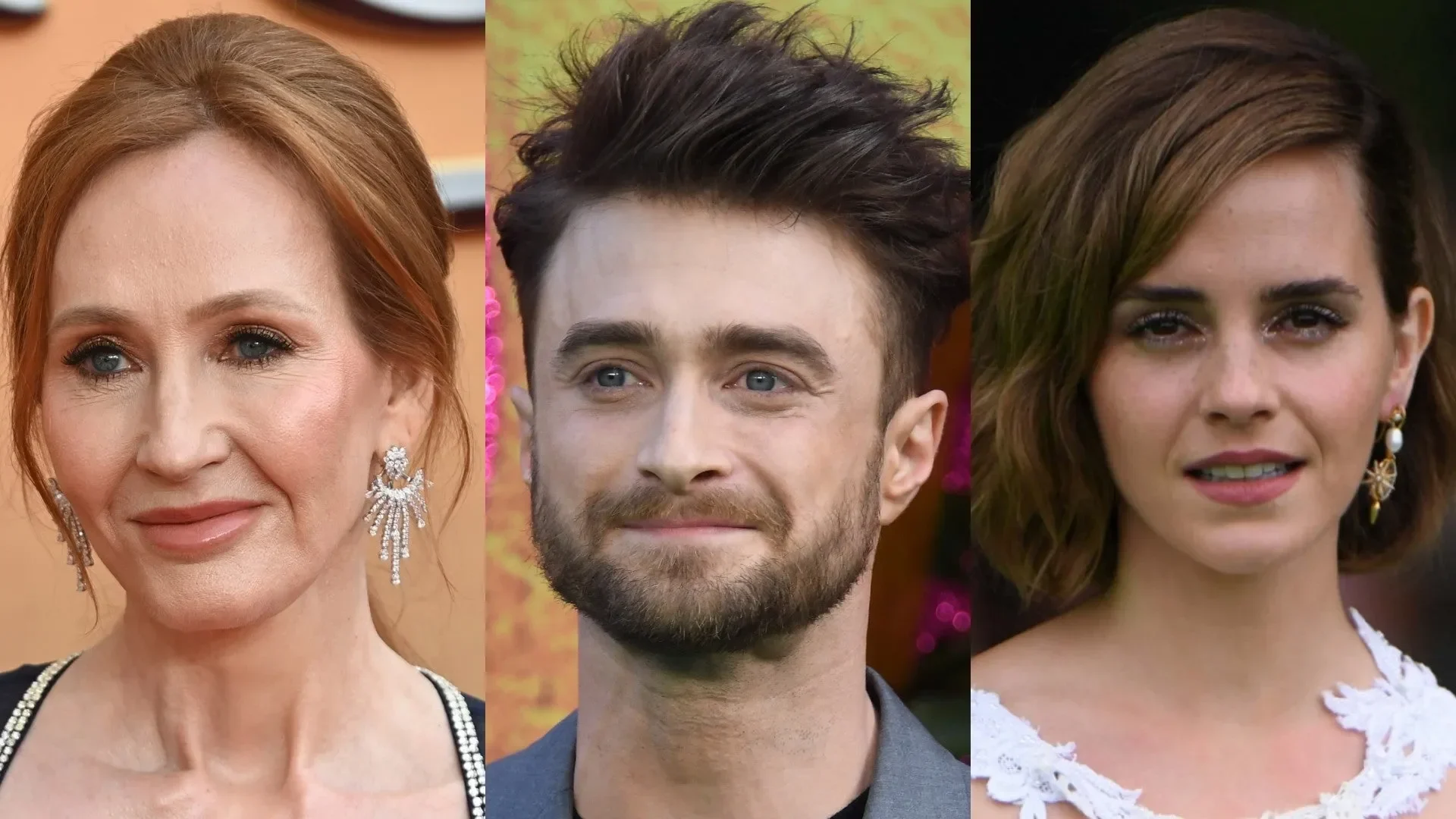 J.K. Rowling, Daniel Radcliffe, dan Emma Watson, tiga sosok penting dunia Harry Potter.
