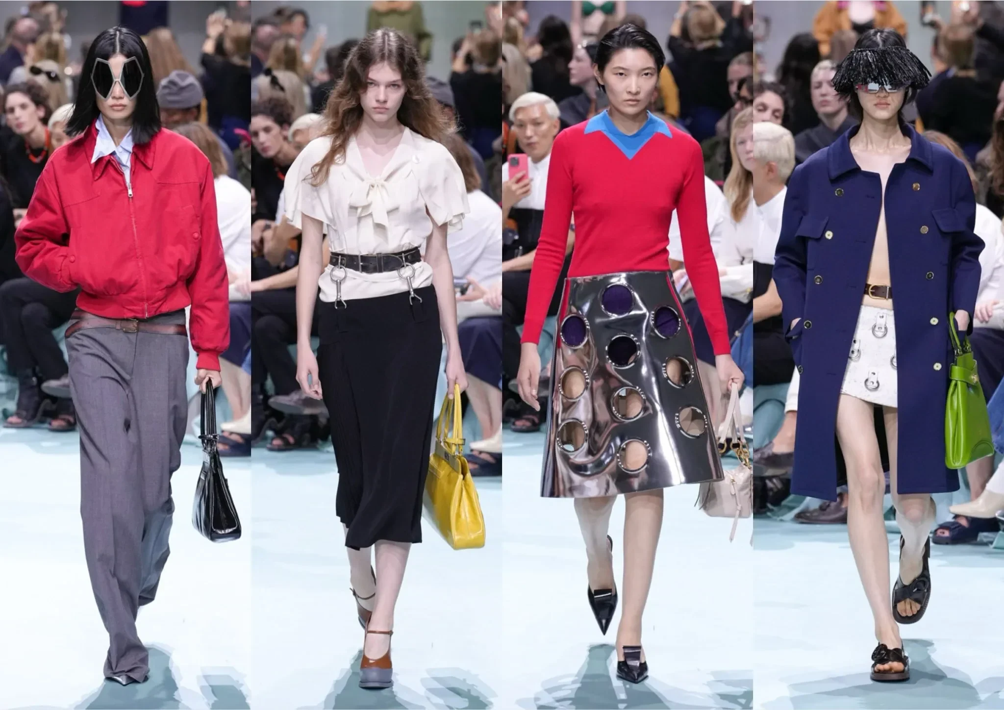 Empat model memamerkan busana modern di panggung peragaan busana, dengan berbagai gaya unik.