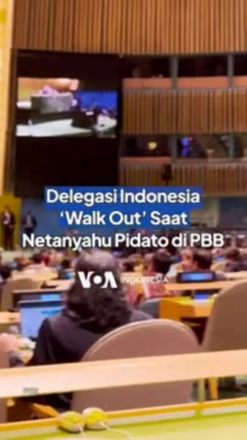 Tangkapan layar berita menunjukkan delegasi Indonesia 'walk out' saat pidato di Sidang PBB.
